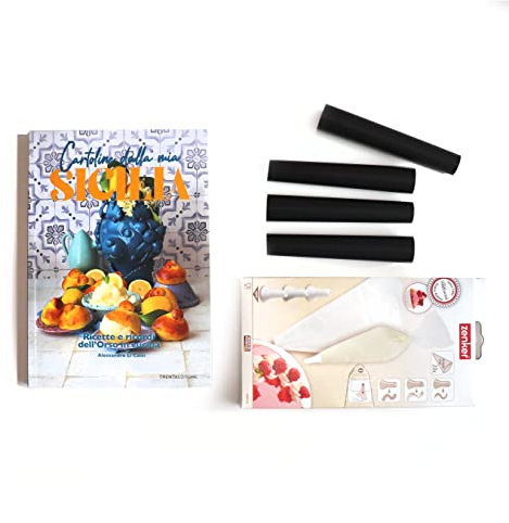 Zenker 06708 Set enthält Buch Postkarten aus Meinem Sizilien, Form Cannoli mit Antihaftbeschichtung, 20 Stück Einweg-Spritzbeutel mit Kunststoffdüsen, Edelstahl Kunststoff