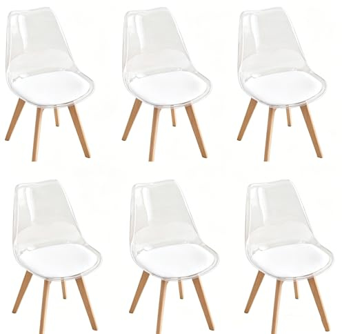 GrandCA HOME Set di 6 Sedie da Pranzo Nordiche con Schienale Trasparente, Sedia Imbottita con Sedile Imbottito in Tessuto di Lino (Bianco-PU)