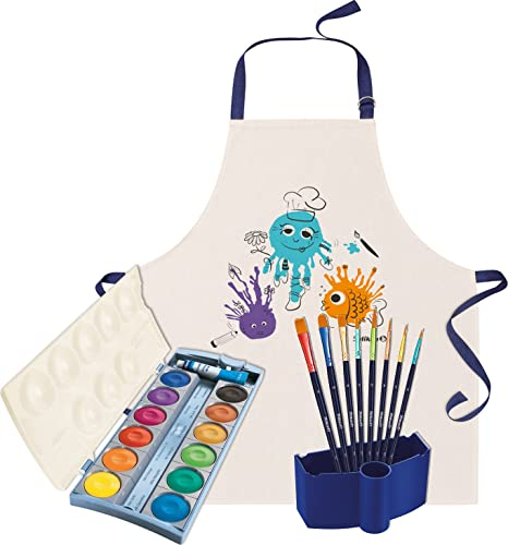 Pelikan Deckfarbkasten K12® eco inkl. Deckweiß, 12 Farben - Malset inkl. Baumwollschürze, 8 Pinsel in Premiumqualität (langlebige Synthetikpinsel) und passender Wasserbox