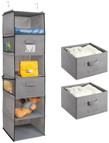 BrilliantJo hängeregal Kleiderschrank Organizer, Faltbare Hängeaufbewahrung 6 Fächern mit 2 entfernbaren Schubladen Eisengestell Hängeorganizer Ordnungssystem Set - Grau 30 x 30 x 110 cm