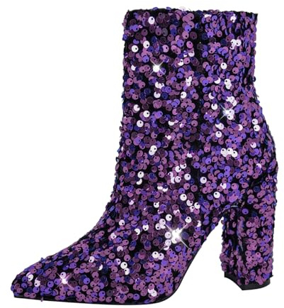 MissHee Bottines brillantes avec talon bloc à paillettes Talons épais Bottes de cheville, Violet, 35 EU
