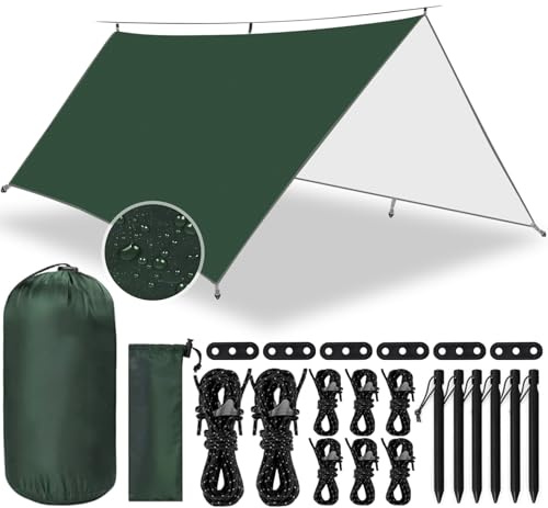 Frasheng Bâche Anti-Pluie,3x3m Camping Bâche,Camping Tarp,Rain Tarp,Anti UV Contre la Pluie,Ripstop,Bâche Imperméable avec Oeillets + 6 Piquets en alu + 8 Cordes pour lRandonnée, Activités Extérieures