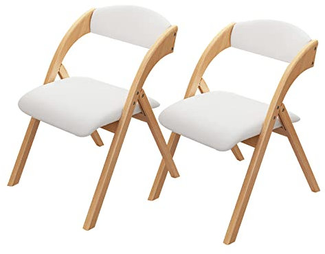 QTQHOME Holz-Klappstuhl mit Rückenlehne, bequemer Esszimmerstuhl, Klappstühle mit gepolsterten Sitzen, tragbarer Klappstuhl aus Holz, Heimbüro, Schreibtischstuhl, Arbeitsstuhl (2 Stück, weiß)