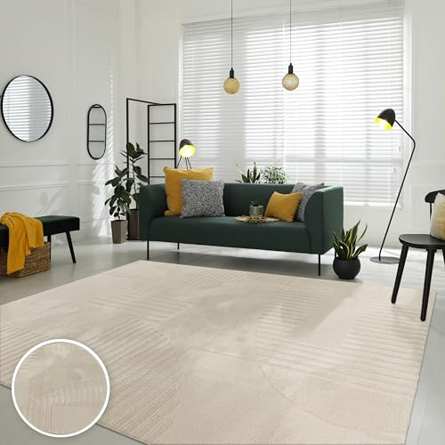 Paco Home Teppich Wohnzimmer Schlafzimmer moderner Kurzflor Abstrakte Organische Designs Geometrisch 3D Effekt hochwertig weich Creme, Grösse:160x230 cm, Farbe:Creme 3