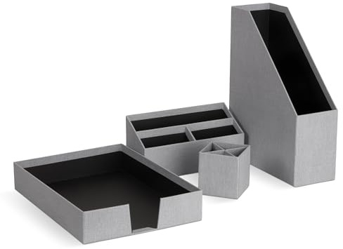 BIGSO HUGO 4-teiliges Schreibtisch Set mit 1 Stehsammler, 1 Stifthalter, 1 Sortierkasten und 1 Box ohne Deckel – Ordnungssystem aus Faserplatte und Papier in Leinenoptik – hellgrau
