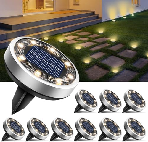 btfarm 10 Pezzi Luci Solari da Giardino, 8 LED Faretti Sepolta Solari a Led da Esterno, Lampade Solare da Terra IP65 Impermeabile per Cortile Prato Vialetto Scala Strade Paesaggio, Bianco Caldo