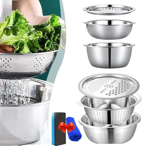 Giurui Bassin multifonction en acier inoxydable 30 cm x 30 cm, 3 en 1 essoreuse à salade, fruits, légumes, riz, panier à laver