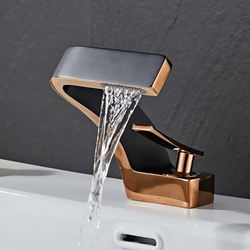 MocArt 2239 Wasserfall Wasserhahn, Badezimmer-Mischhähne, Hotelbecken-Kupferhahn, Keramikventilkern, Einlochmontage, Wassersparendes Design (Schwarz + Roségold)