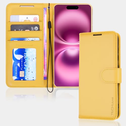 TECHGEAR Étui Portefeuille en Cuir pour iPhone 16, étui de Protection à Rabat avec Blocage RFID, Porte-Cartes, Support et dragonne, PU Cuir Coque avec Fermeture magnétique pour iPhone 16 2024 (Jaune)