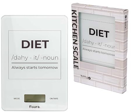 Fisura - Bilancia da cucina digitale diet bianca. Bilancia elettronica originale da 5kg/11lbs. Bilancia multifunzione per alimenti. Vetro e ABS. 15 x 22 cm.