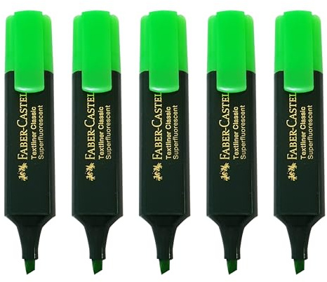 Faber-Castell Textliner Classic Highlighter Pens, GREEN, Pack of 5, Chisel Tip (1-5.0mm), Fast-drying, Fluorescent Colours, Clear Marking, Ideal for School Office Home Use