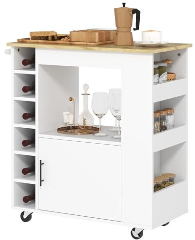 HOMCOM Carrello da Cucina con 6 Portabottiglie, 3 Ripiani Laterali e Armadietto con Cerniere Ammortizzate, Mobiletto Cucina con Portasciugamani e Piano in Legno di caucciù, 83x40x83cm, Rovere