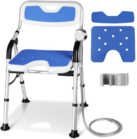 DEWEL Sedia per Doccia Anziani Pieghevole, con Schienale, Regolabile in Altezza, Antiscivolo, con Staffa per Doccia, Installazione Aenza Attrezzi, Sedia per Doccia Anziani, Portata di 150 Kg (Blu)