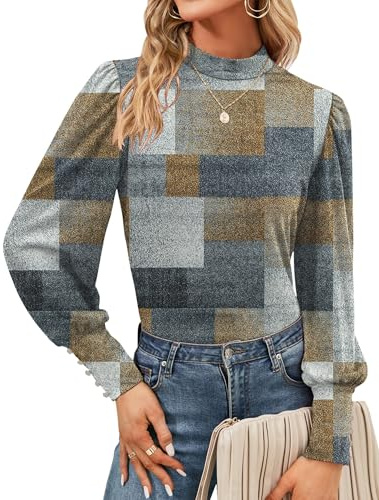 Tisfeer Blusa de manga larga para mujer, cuello alto, manga abombada, casual, puños con botones, túnica de otoño, Cuadrados blancos multicolores, M