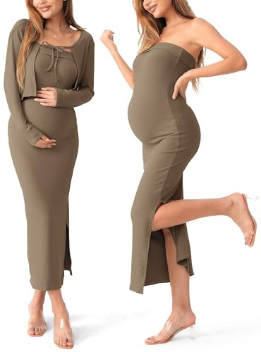 SUNNYBUY Baby Shower Mutterschaft Etuikleid Kurzes Kleid Strickjacke Gerippt Maxi Kleid Casual 2 Stück Schwangerschaft Outfit Set