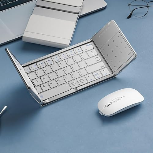 Teclado plegable, touchpad/teclado numérico integrado, triple plegable Bluetooth, apto para iPad, Mac/Win/tabletas Android (plateado, juego de teclado y ratón)