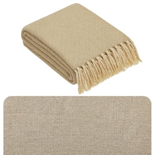 Marrakesch Decke Tagesdecke aus Baumwolle 125x150 cm klein | Sofadecke Überwurf für Couch & Sofa | Kuscheldecke Bettdecke im Wohnzimmer Schlafzimmer | Wohndecke Boho mit Fransen Beige
