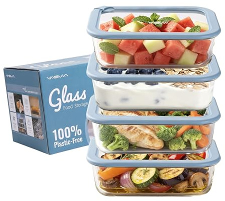 Yasvia Frischhaltedosen Set (4x1050ml) Plastikfrei, Borosilikatglas Vorratsdosen, Silikondeckel, Luftdicht, Auslaufsicher, Mikrowelle, Backofen, Gefrier, Spülmaschinenfest, BPA-frei, Meal Prep Glas
