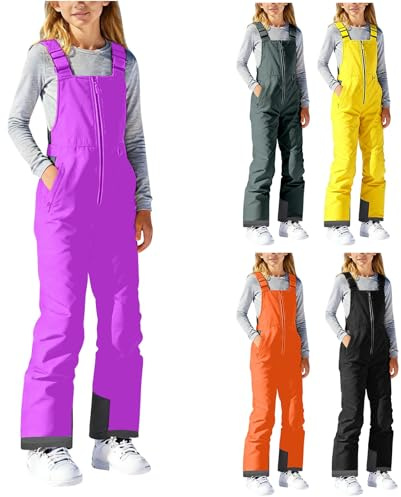 Salopette de ski imperméable pour filles et garçons - Salopette de ski chaude et coupe-vent - Bretelles réglables - Jambe droite - Fermeture éclair - Pantalon de ski en plein air, violet, 10-12 ans