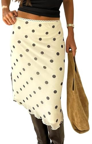 SANSIWU Women's Elegant Polka Dot Midi Skirts Retro Mesh Ruffle Hem Going Out Skirt Y2k Slim Fit Knee Length Skirt for Party Daily Wear (A-White, L)