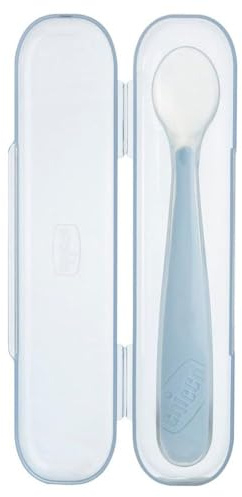 Chicco Cuchara de silicona suave para destete de 6 m + bolsa de viaje, punta flexible para proteger las encías y mango largo ergonómico, 0% BPA, ideal para viajes