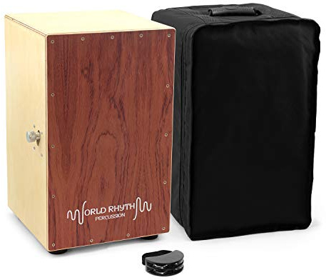 World Rhythm Natural Cajon Drum Tambourin mit Standfuß braun | Boxtrommel in voller Größe mit verstellbarem Snare, Fußtamburin und gepolsterter Tragetasche