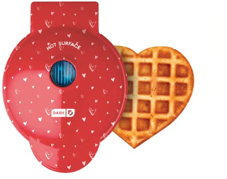 DASH DMWH100HP Mini Maker for Individual Waffles, Hash Browns, Keto Chaffles with Easy to Clean, Non-Stick Surfaces, 4 Inch, Metal, Red Love Heart
