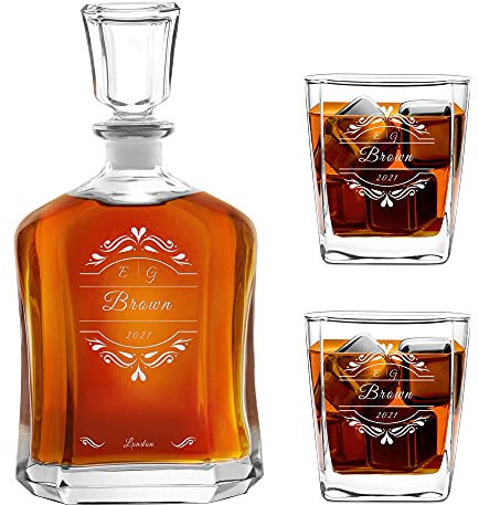 Maverton Classic Bourbon Whiskey Decanter Capitol Set with 2/4/ 6 Glasses - You can Personalise Tumblers as Gift - 700 ml Universal Carafe - Gift for Couple - Monogram
