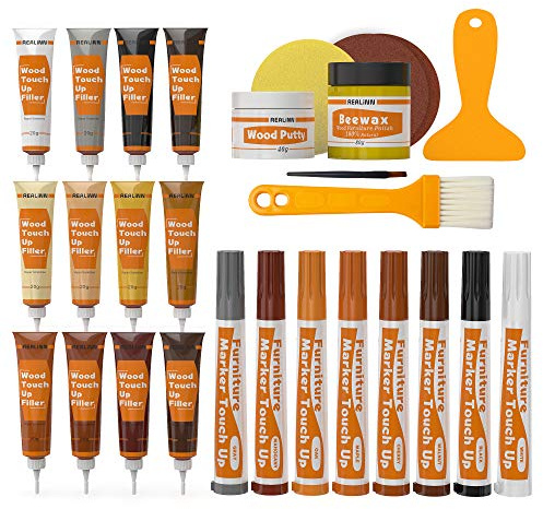 REALINN Wood Furniture Repair Kit- Set of 28 - Touch Up Markers, Fillers with Wood Putty - Repair Scratch, Cracks, Hole, Discoloration for Wooden Door, Floor, Table, Cabinet