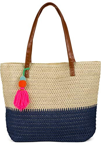 styleBREAKER Damväska Bast strandväska 45 x 13 x 46 cm med dragkedja | Tvåfärgad korgväska med tofs | flätad väska med långa handtag för strand och shopping, beige-mörkblå, En Storlek