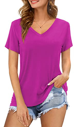 Florboom Damen Tshirt V Ausschnitt Longshirt Kurzarm Oberteile Loose Shirt Einfarbige Tops Lila M