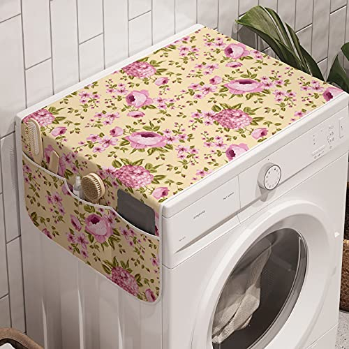 ABAKUHAUS Pfingstrose Waschmaschinen-Organizer, Hortensien auf Branchen, Anti-Rutsch-Stoffabdeckung für Waschmaschine und Trockner, 47 cm x 120 cm, Olivgrün Pale Pink