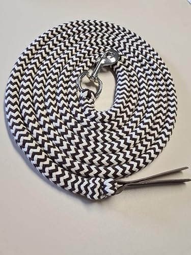 Pferdeseile_DE Bodenleine 4 Meter braun-natur Baumwolle mit Karabiner und Lederklatsche