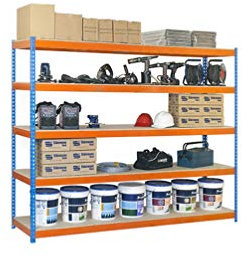 Simonrack - Étagère métallique 5 niveaux - 3000 x 1500 x 750 mm - KIT ECOFORTE - Chipboard - Bleu - Orange - Bois