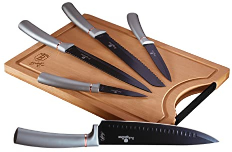 Berlinger Haus Moonlight Juego 5 Cuchillos Cocina Profesional Tabla Cortar de Bambú, Hoja Acero Inoxidable Recubrimiento Antiadherente, Cocinero, Cebollero, Pan, Santoku, Pelador, Diseño Elegante