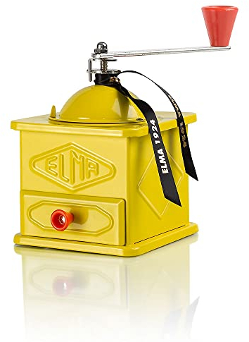 Elma Molinillo Café Manual de Estilo Vintage con Dos Posiciones de Ajuste | Chapa, Uso Decorativo, Color Amarillo, 10,5 x 10,5 x 15,5 cm | No Muele Café