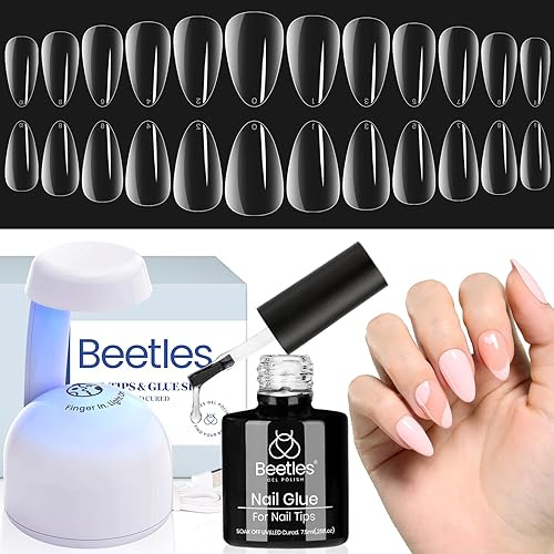 Beetles Easy - Kit de Extensión de Uñas con 500 Piezas de Puntas Cortas Suaves en Forma de Almendra y Gel Base de Pegamento de Uñas 5 en 1 y Lámpara LED UV Innovadora, Kit de Puntas Postizas Acrílicas