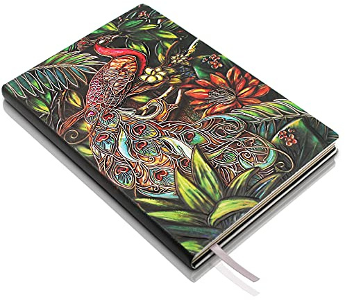 Påfågelpräglad läderjournal anteckningsbok – 3D handgjord vintage påfågeldagböcker resedagbok med fodrat papper antikt läder skissbok skrivjournaler present till kvinnor och män (A5, flerfärgad)