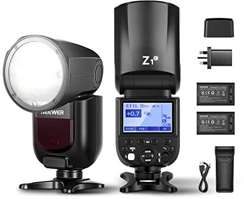 NEEWER Z1-C TTL Round Head Speedlite Flash Kit for Canon Camera, 76Ws 2.4G 1/8000s HSS Speedlight with Modeling Lamp, Two 2600mAh Lithium Battery and USB Charger, 480 Full Power Shots, 1.5s Recycling
