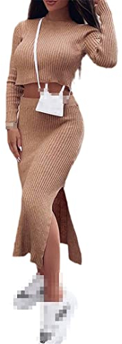Alloaone Gerippte Strick-Sets für Damen, Herbst, lässig, Rundhalsausschnitt, langärmelig, Pullover + geteilter figurbetonter Rock, Anzüge, 02 Khaki, 38