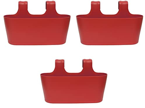 Engelland 3 x Blumenkasten zum Auf-Hängen, Farbe: Rot, Blumentopf, oval, Balkon, Übertopf, Pflanzkasten, mit Wasserspeicher/Wasserauffangschale