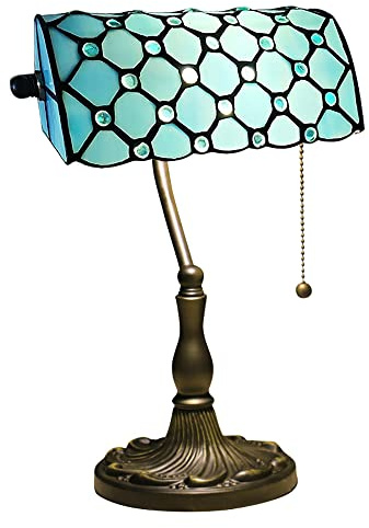 Aeyee Crystal Bead Table Lamp, Tiffany Style Desk Lamp, Elegant Bedside Table Lamp with Stained Glass Shade, Banker Lamp in Blue