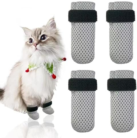 Esamploe 4 st kattvantar för att förhindra repor, nätandningsbara kattskor, justerbara katter rephandskar, lämpliga för katter när du badar och nagelklippning (M, grå)