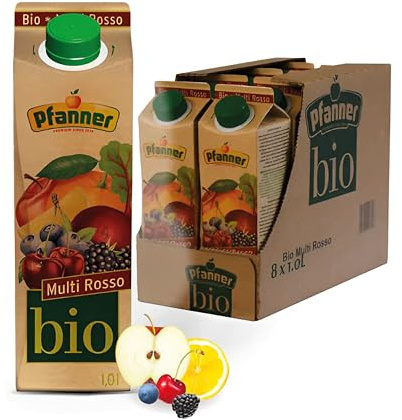 Pfanner BIO Multi Rosso (8 x 1 l) – roter Multivitaminsaft mit 22% Fruchtgehalt –Fruchtsaft im Vorratspack