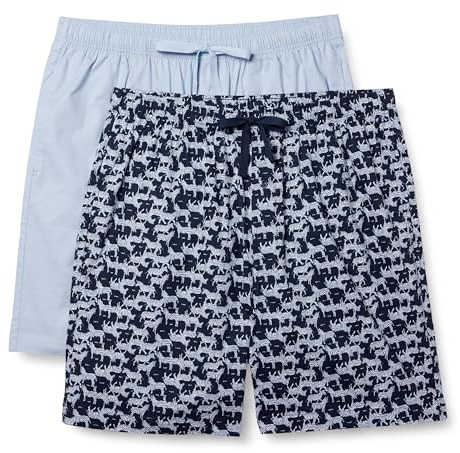 Amazon Essentials Short de Pyjama et de Détente en Popeline de Coton Extensible Homme, Lot de 2, Bleu Grisé/Zèbre, S