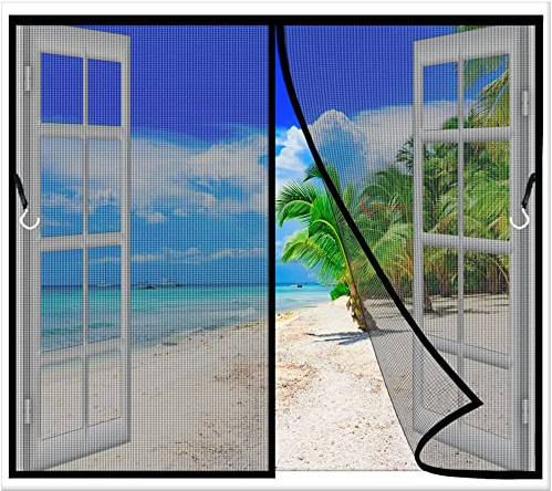 Insektenschutz Fenster Vorhang Polyester Lamellenvorhang 140x115 cm mit Heavy Duty Mesh & Full Frame Klettverschluss Klemmleiste Fliegenvorhang Schwarz Z