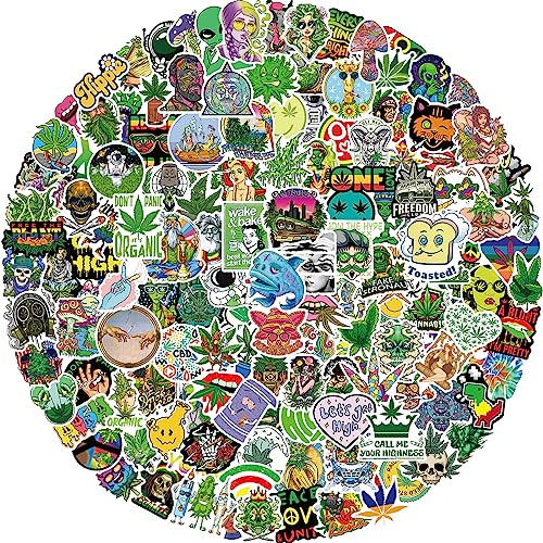 Funny Weed Stickers, 150Pcs Cartoon Green Leaves Stoner Stickers for Teens and Adults, Mixed Leaves Vinyl Waterproof Decal Stickers for Laptop Water Bottle Scrapbook Guitar