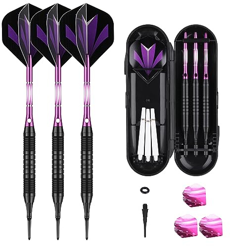 sanfeng Darts Plastic Tip Set with Slim Case 18g for Electronic Dart Board with 50 Rubber O-Rings 6 Purple Alu Shafts Extra 50 Replacement Soft Tips Accessories