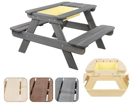 MODO24 Picknicktisch Mit Bank Kindersitzgarnitur Kindertisch Gartentisch Holz Set SPD mit Sandkaste Matschküche Farben (HxBxT: 52x100x80 cm) (Grau)