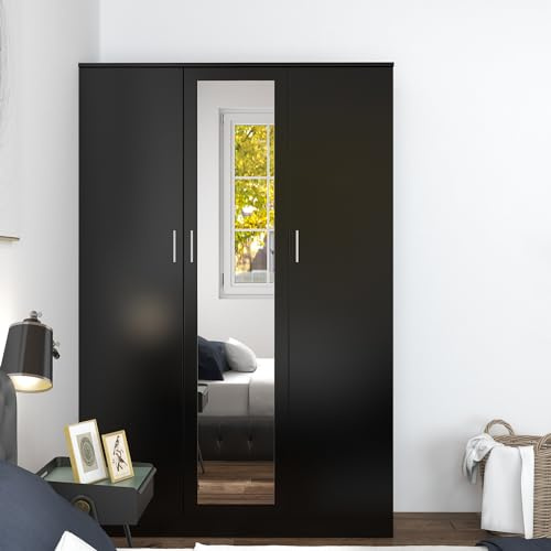 Panana 3 Doors Mirrored Wardrobe for Bedroom Bedroom Furniture Robe with 6 Storage Compartments, Hanging Rail, 115.4 x 50 x 180 cm (Black)